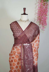 Rust Peach - Linen Cotton Saree Geometric Prints with Tissue Border - Perfect for Office Wear | Summer wear | Casual Wear