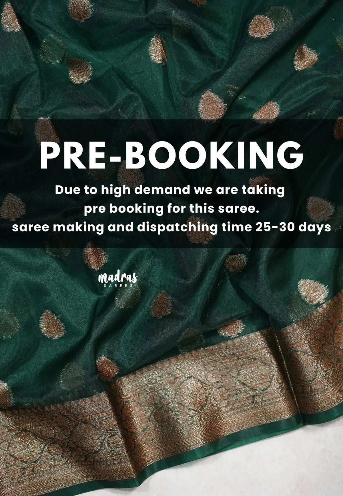 (PRE-BOOKING) Midnight Emerald Green - Soft Organza Silk with Zari Weaving with Banarasi Antique Border - Best for wedding reception