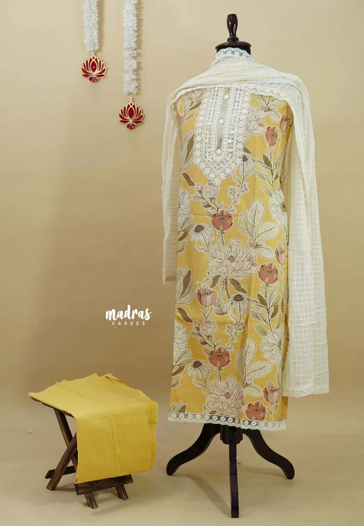 Amitha – Pastel Mustard yellow Premium pre-washed handspun cotton suit with hakoba mul cotton dupatta