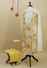 Amitha – Pastel Mustard yellow Premium pre-washed handspun cotton suit with hakoba mul cotton dupatta