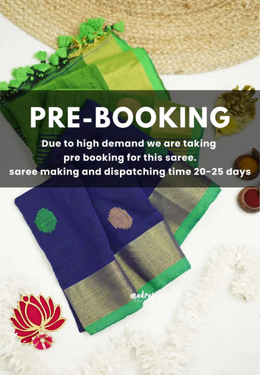 (PRE-BOOKING) kannamma Handwoven Ballbutta linen Blue with green pallu