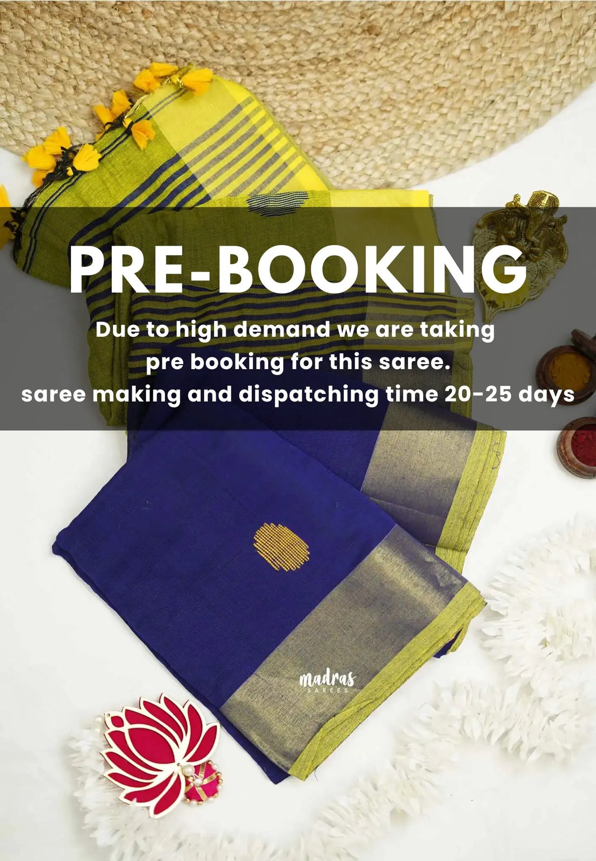 (PRE-BOOKING) kannamma Handwoven Ballbutta linen Blue with yellow pallu