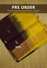 Mookuthi Amman silk cotton getti zari border with buttas - Coffee Brown with Neon yellow