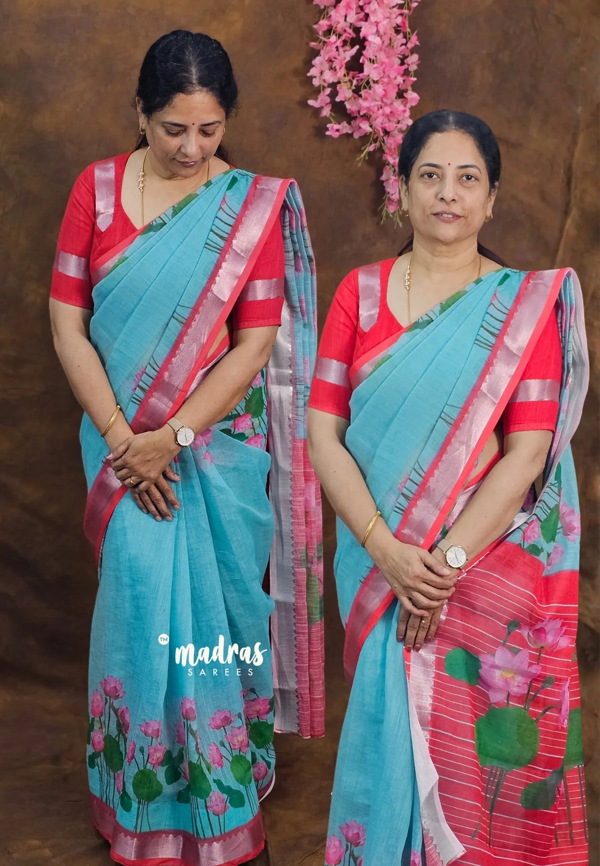 Sky Spark - Linen Cotton with Divine Lotus Border with Mangalgiri Border - Best for Small Functions