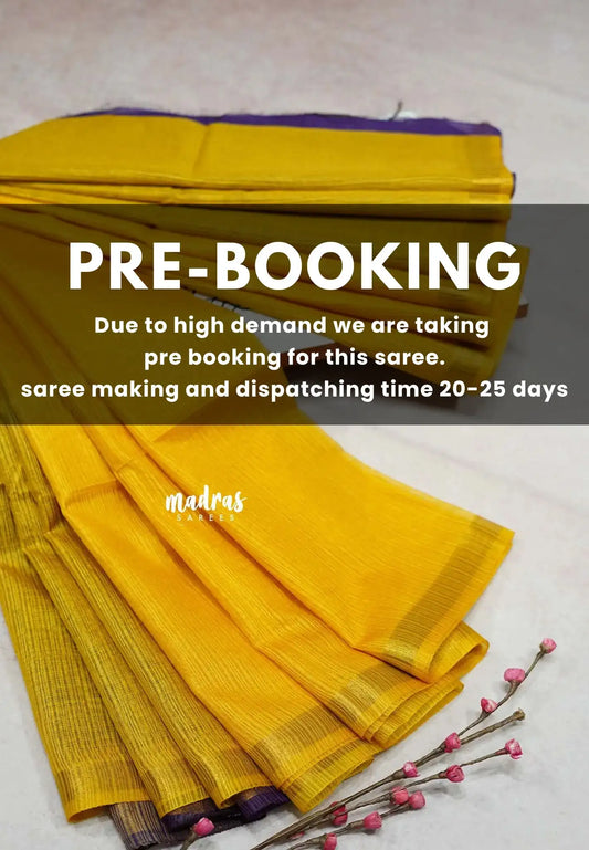 (PRE-BOOKING) Mango yellow with Purple - Shalini Premium kota silk with small border contrast pallu and blouse