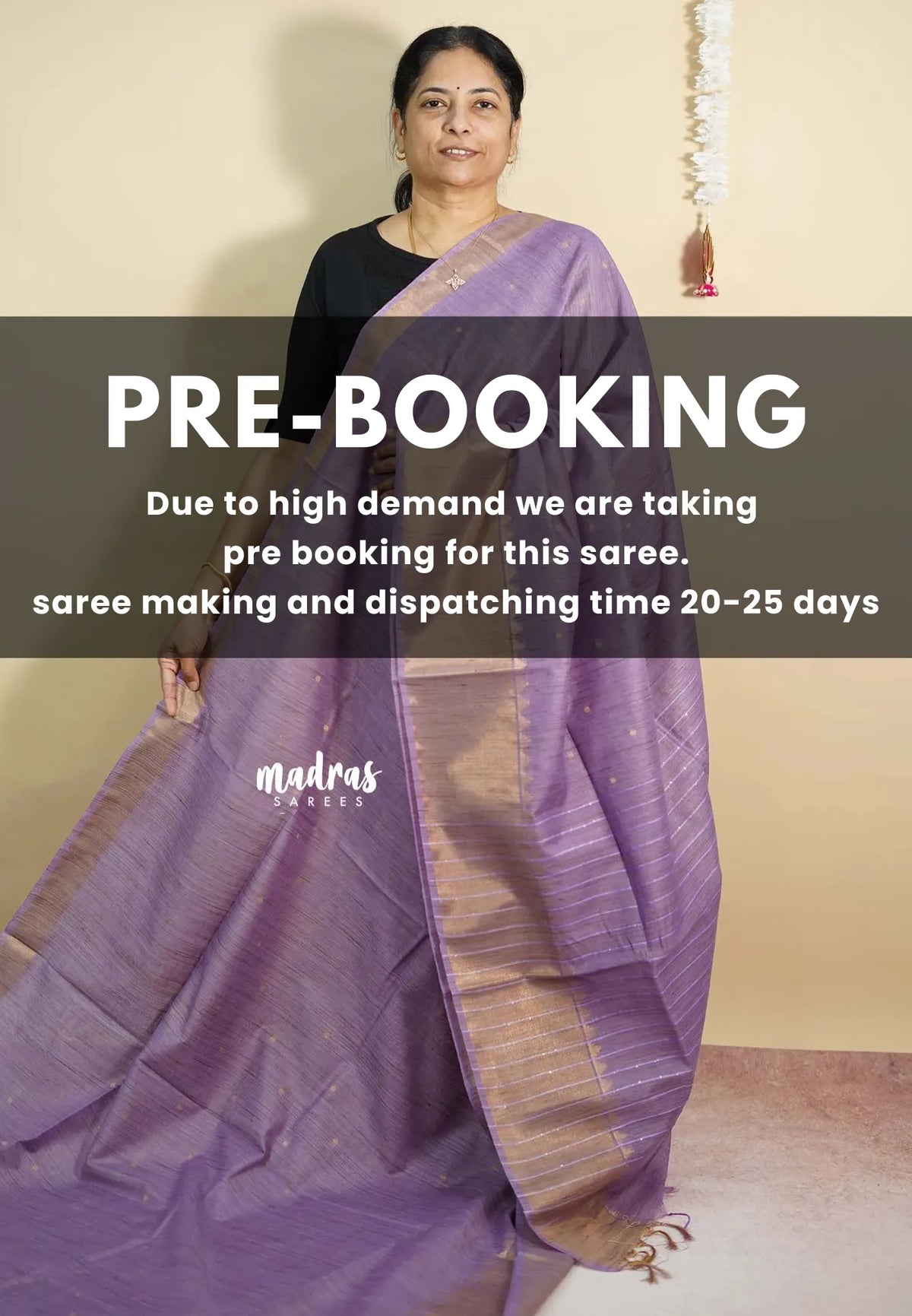 (PRE-BOOKING) Mild Lavender - Sithara - Semi Tussar saree grooves with buttas and Golden zari Border