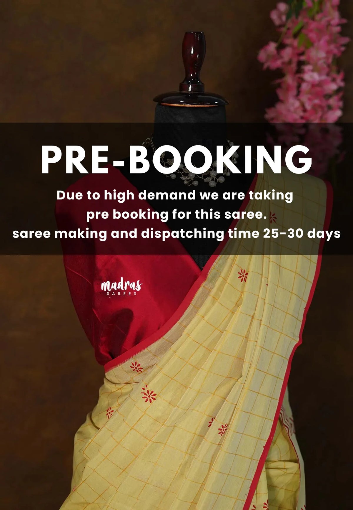 (PRE-BOOKING) Butter yellow - Sowmiya - Bamboo Cotton with Handblock Checks with Flower Double Blouse Combo - Perfect for Office Wear