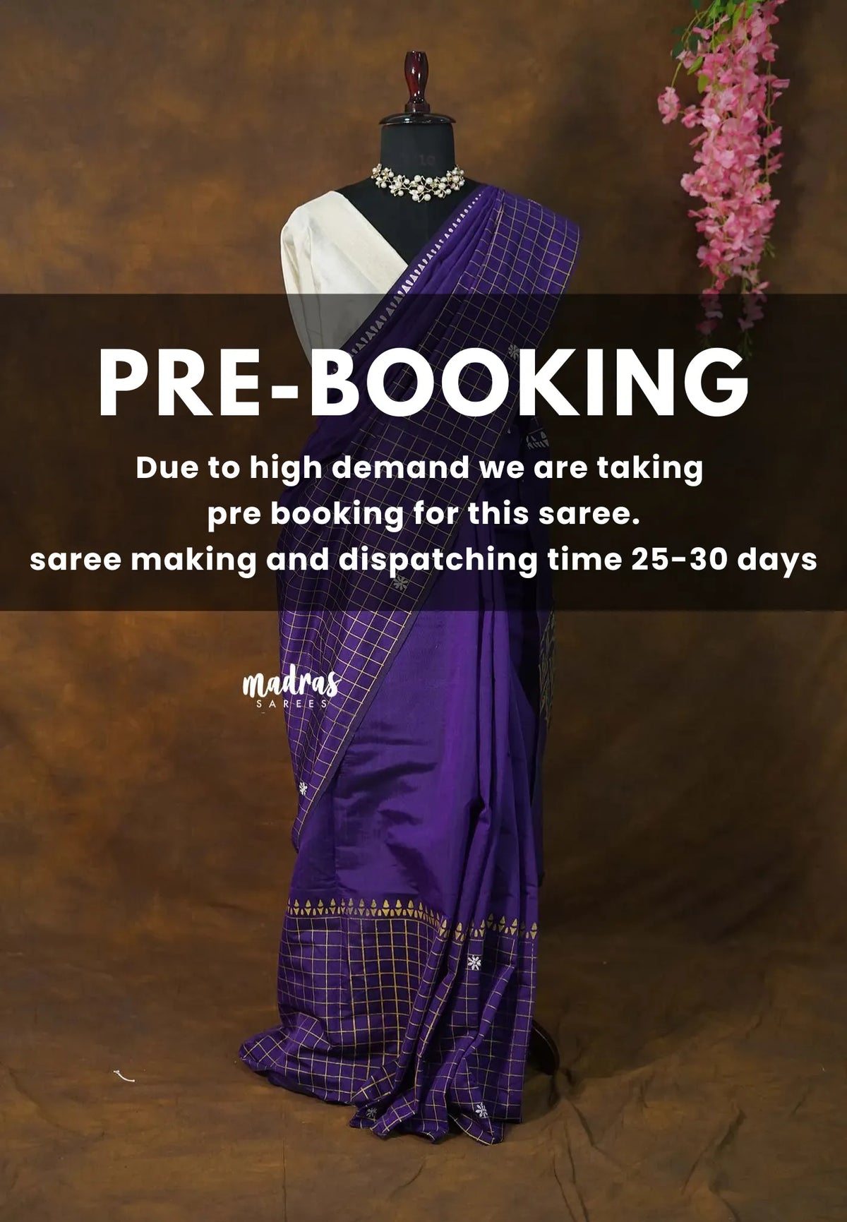 (PRE-BOOKING) Royal Purple - Sowmiya - Bamboo Cotton with Handblock Checks in Border Plain Body Double Blouse Combo - Perfect for Office Wear