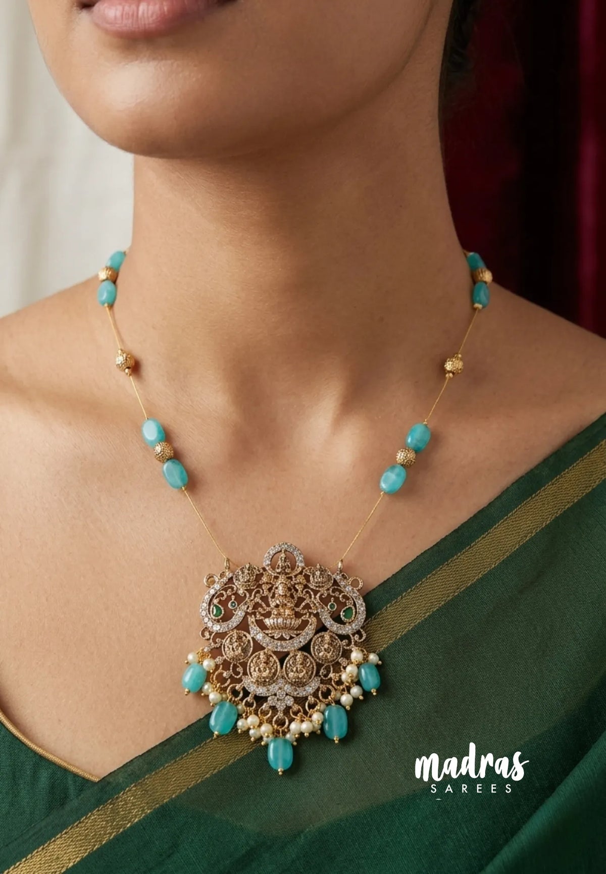 Invisible viral Wire Necklace – Premium Floating Ashtalakshmi Pendant - Sea green beads