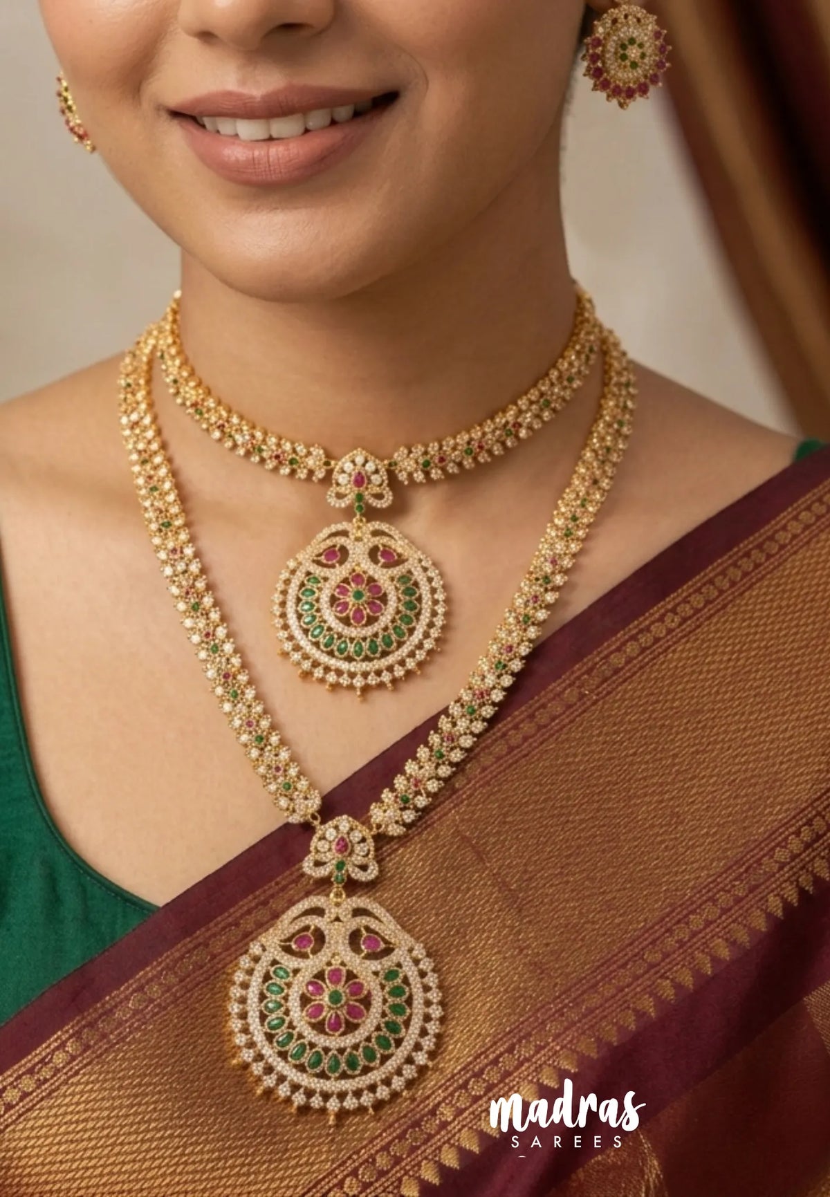 Premium 1 Gram Gold polish AD Stone Trendy Bridal Haram Set with Earrings