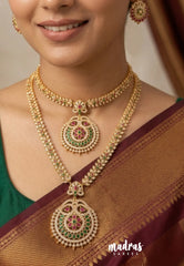 Premium 1 Gram Gold polish AD Stone Trendy Bridal Haram Set with Earrings