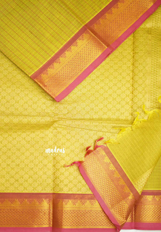 Premium Karthigai silk cotton dotted line stripes body with rich pallu - Greenish yellow