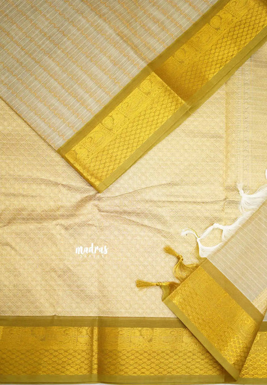 Premium Karthigai silk cotton neli stripes body with rich pallu - Beige