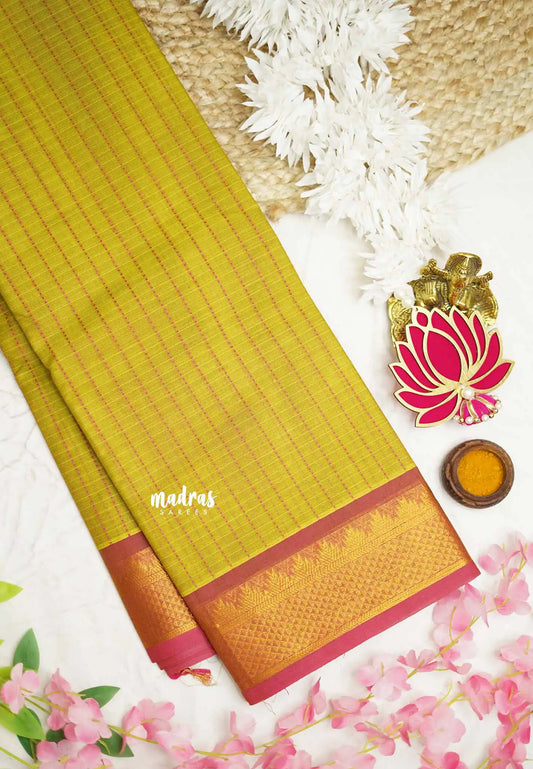 Premium Karthigai silk cotton dotted line stripes body with rich pallu - Greenish yellow