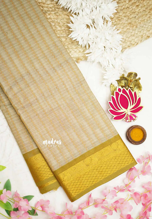 Premium Karthigai silk cotton neli stripes body with rich pallu - Beige