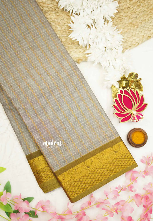 Premium Karthigai silk cotton neli stripes body with rich pallu - Grey