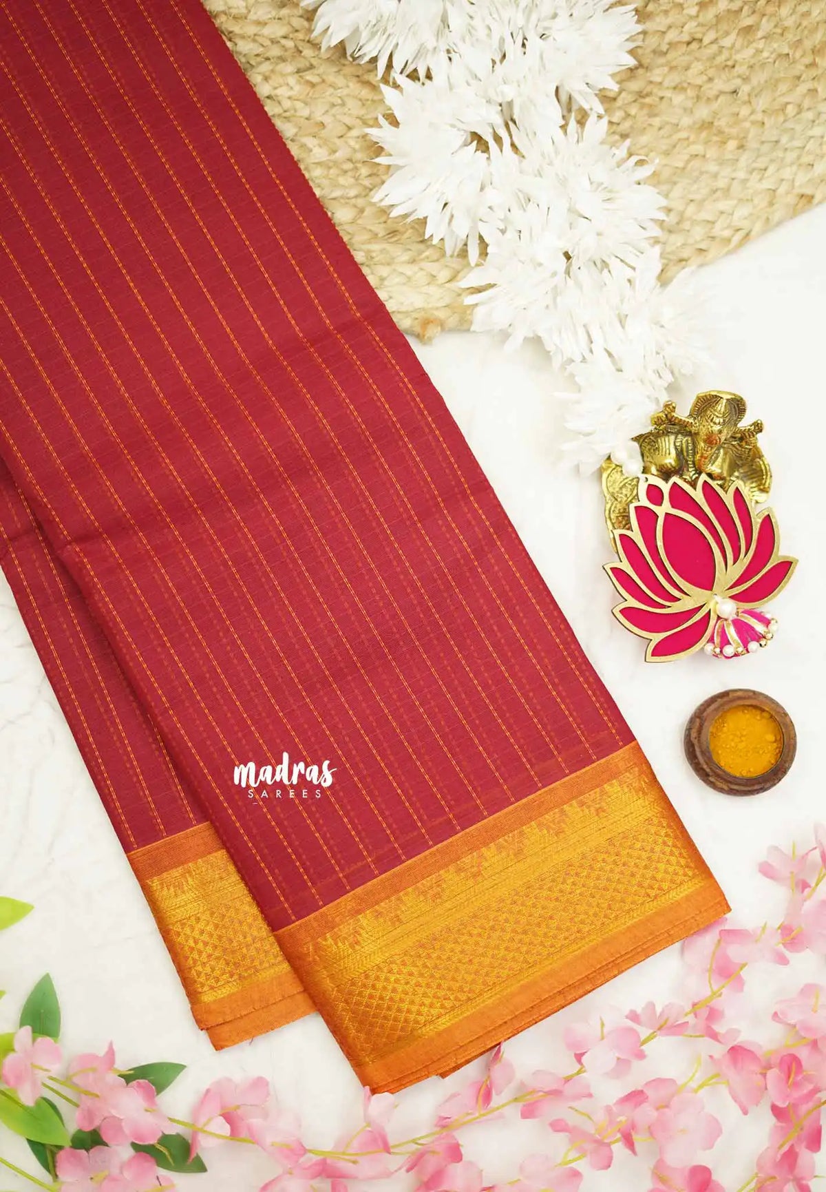 Premium Karthigai silk cotton dotted line stripes body with rich pallu - Dark red