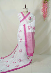 Snow White with Lace - Soft linen cotton saree with Lotus Prints with Lace Border - Perfect Office Wear | Casual Wear