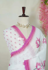 Snow White with Lace - Soft linen cotton saree with Lotus Prints with Lace Border - Perfect Office Wear | Casual Wear