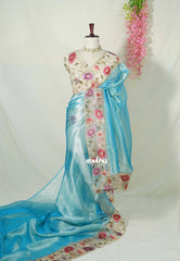 Sky Spark Blue - Premium Organza Silk Saree with Big Lace Embroidery Border - Best for Engagements / Haldi / Reception / Party Wear