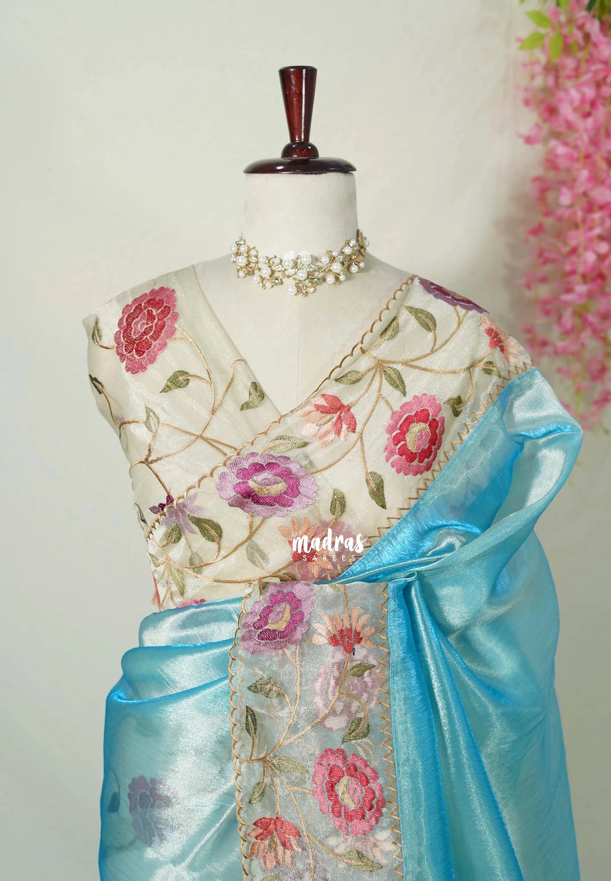Sky Spark Blue - Premium Organza Silk Saree with Big Lace Embroidery Border - Best for Engagements / Haldi / Reception / Party Wear