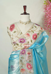 Sky Spark Blue - Premium Organza Silk Saree with Big Lace Embroidery Border - Best for Engagements / Haldi / Reception / Party Wear
