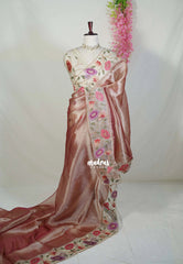 Rose Gold - Premium Organza Silk Saree with Big Lace Embroidery Border - Best for Engagements / Haldi / Reception / Party Wear