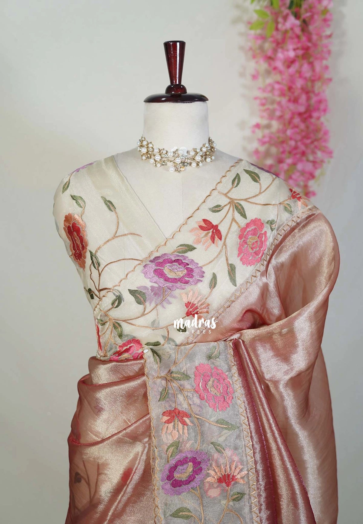 Rose Gold - Premium Organza Silk Saree with Big Lace Embroidery Border - Best for Engagements / Haldi / Reception / Party Wear