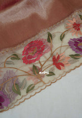Rose Gold - Premium Organza Silk Saree with Big Lace Embroidery Border - Best for Engagements / Haldi / Reception / Party Wear