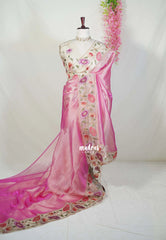 Rosy Gold Pink - Premium Organza Silk Saree with Big Lace Embroidery Border - Best for Engagements / Haldi / Reception / Party Wear