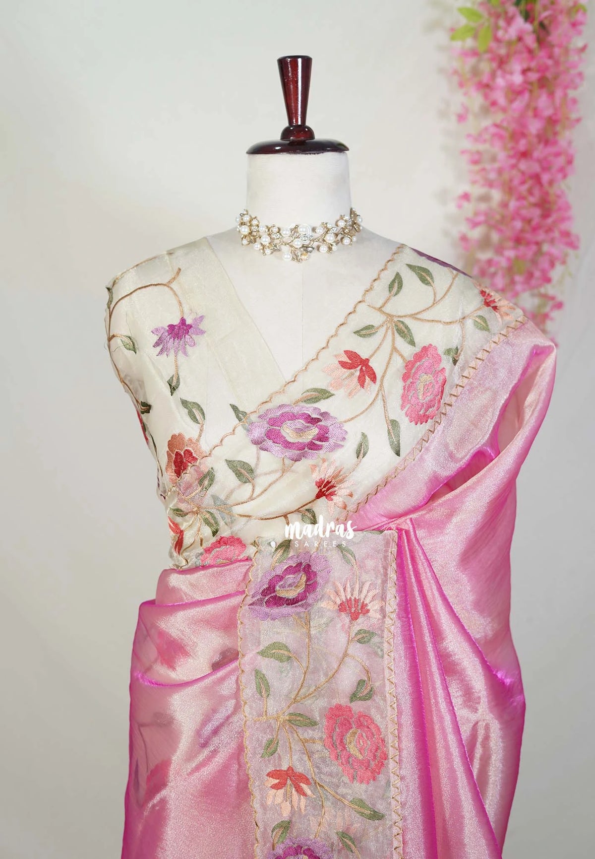 Rosy Gold Pink - Premium Organza Silk Saree with Big Lace Embroidery Border - Best for Engagements / Haldi / Reception / Party Wear