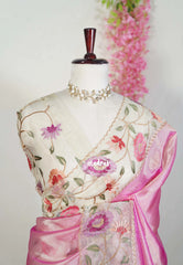 Rosy Gold Pink - Premium Organza Silk Saree with Big Lace Embroidery Border - Best for Engagements / Haldi / Reception / Party Wear
