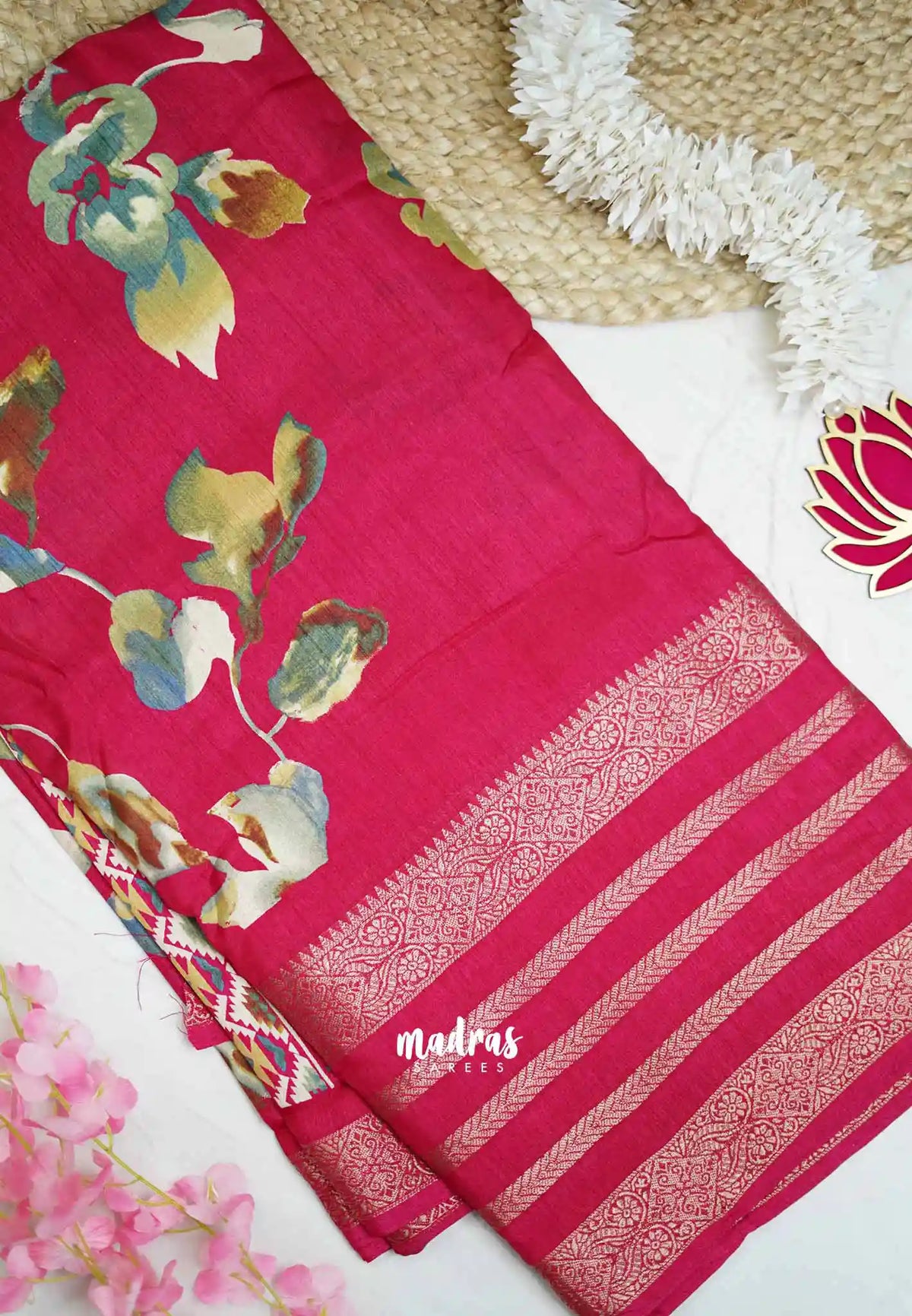 Premium printed silk with retro style border - Rani pink