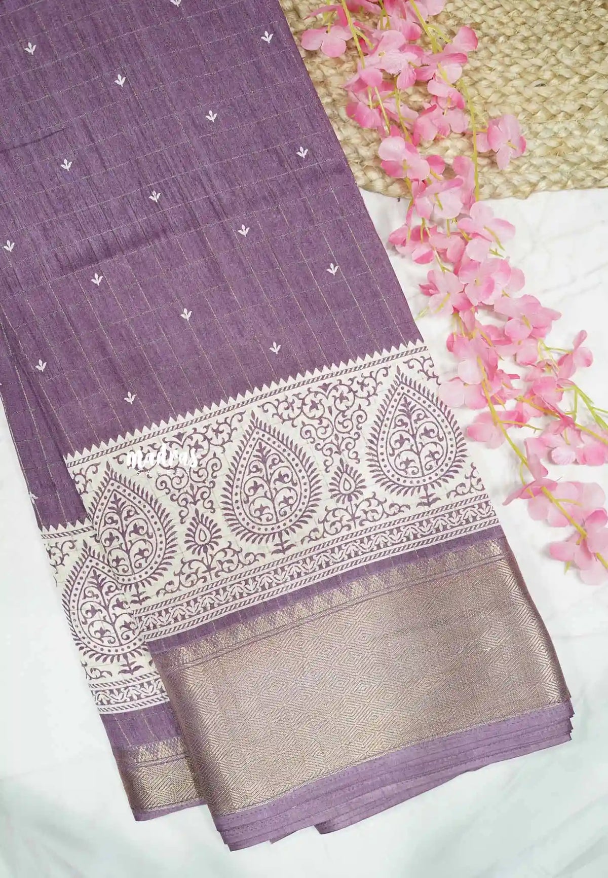 Premium printed silk checks weaving thilagam border - Dusty purple