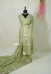 Pastel Green - Premium Printed Silk Floral Print with Zari Border - Best for Office Wear | Casual Wear