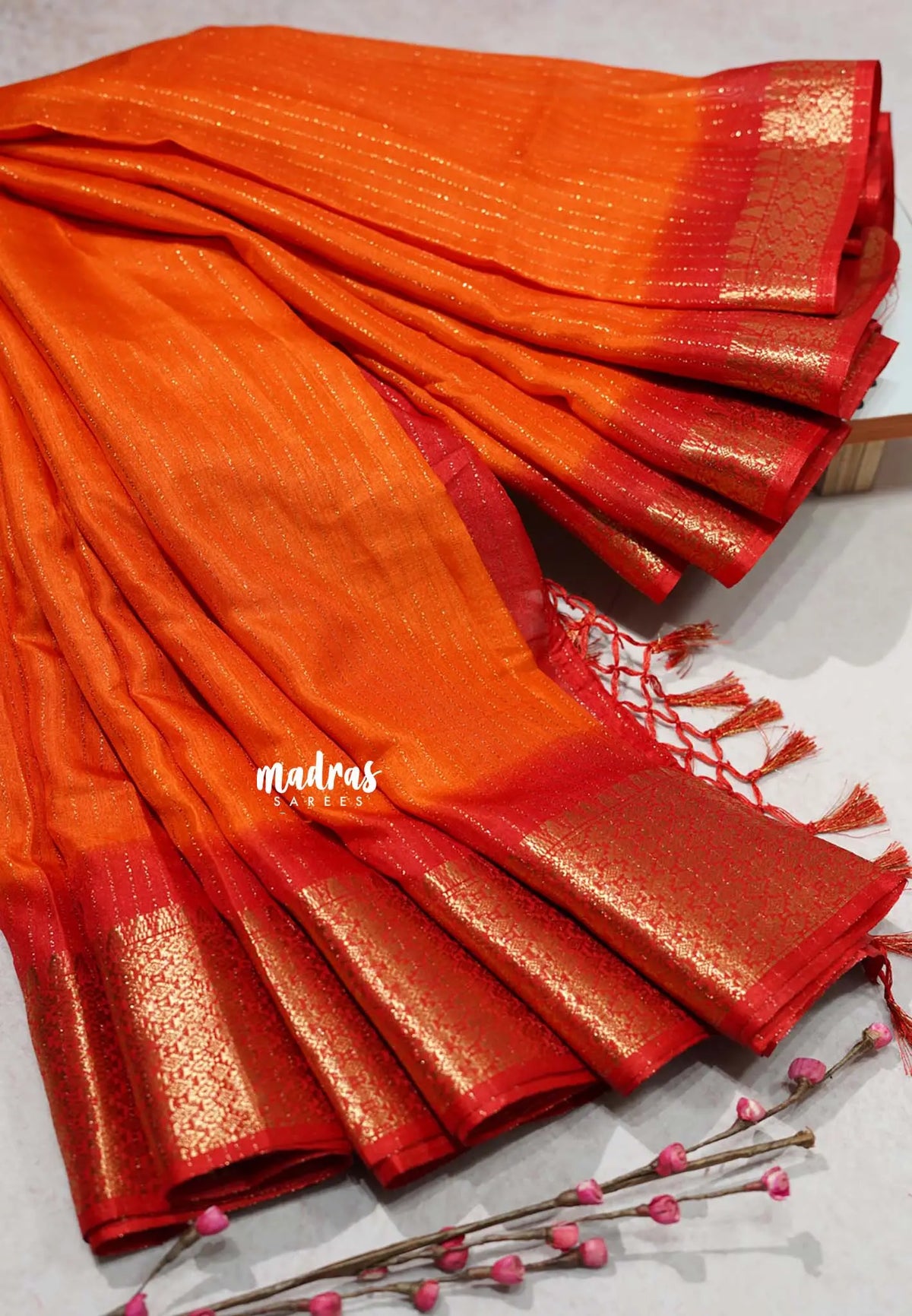 Orange with Red - Premium printed silk zari stripes weaving with zari border