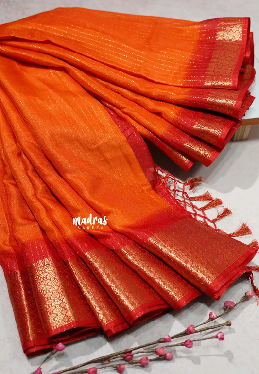 Orange with Red - Premium printed silk zari stripes weaving with zari border