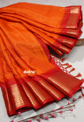 Orange with Red - Premium printed silk zari stripes weaving with zari border