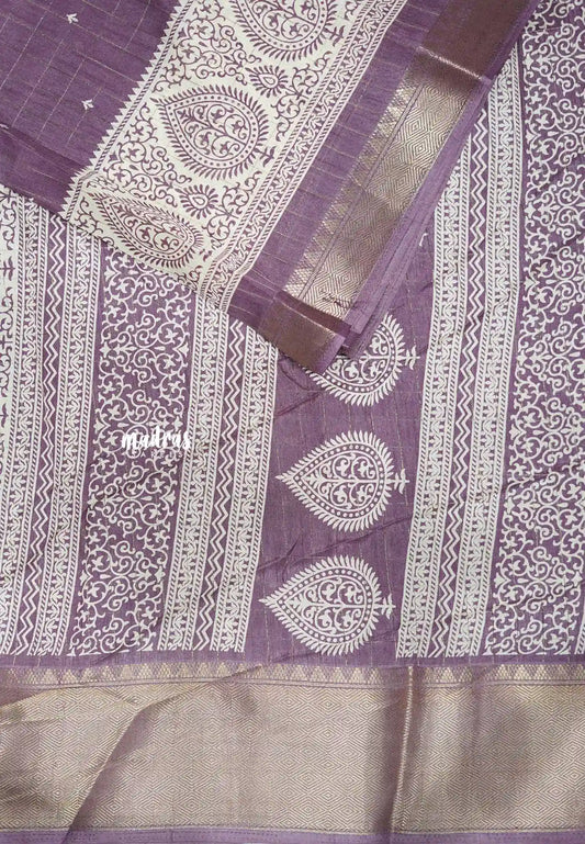 Premium printed silk checks weaving thilagam border - Dusty purple