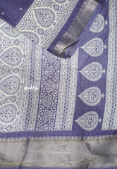 Premium printed silk checks weaving thilagam border - Dark pastel blue