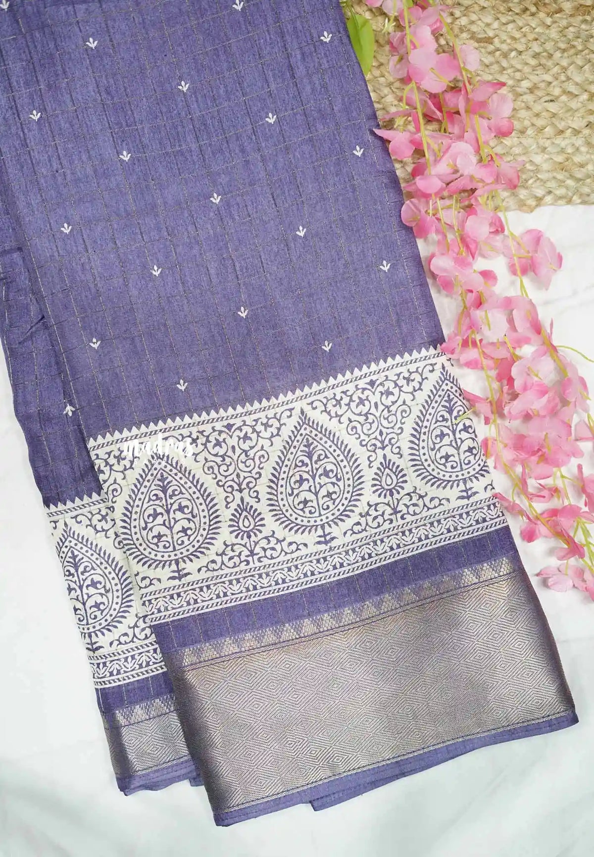 Premium printed silk checks weaving thilagam border - Dark pastel blue