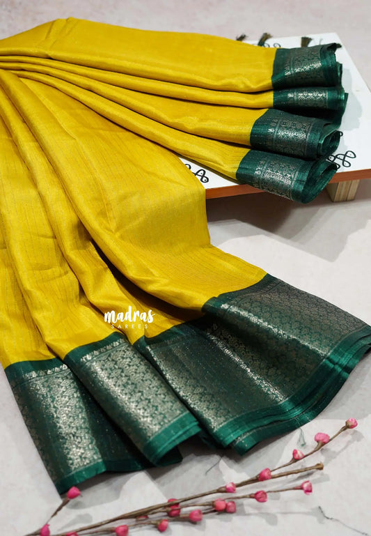 Yellow with Green - Premium printed silk zari stripes weaving with zari border