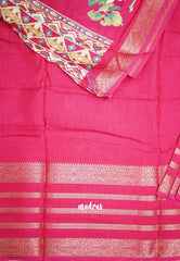 Premium printed silk with retro style border - Rani pink