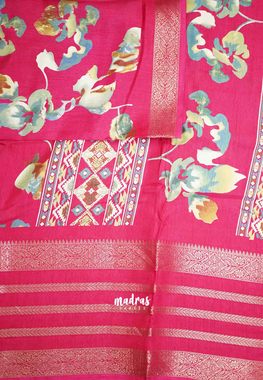 Premium printed silk with retro style border - Rani pink