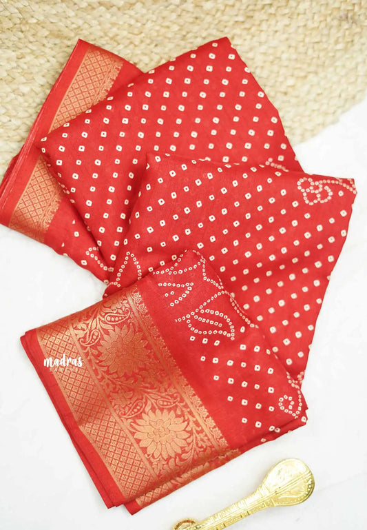 Premium printed silk with bandhani prints - Red