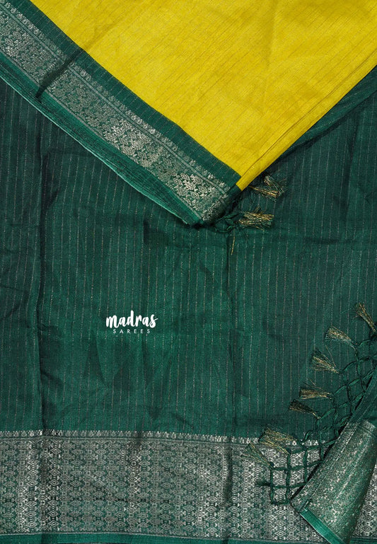 Yellow with Green - Premium printed silk zari stripes weaving with zari border