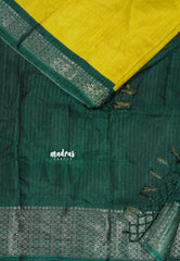 Yellow with Green - Premium printed silk zari stripes weaving with zari border