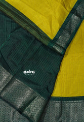 Yellow with Green - Premium printed silk zari stripes weaving with zari border