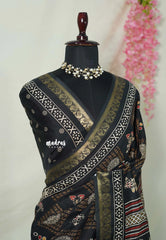 Nightfall Black - Premium Printed Silk Digital Print with Mango Zari Border - Best for Office Wear | Casual Wear