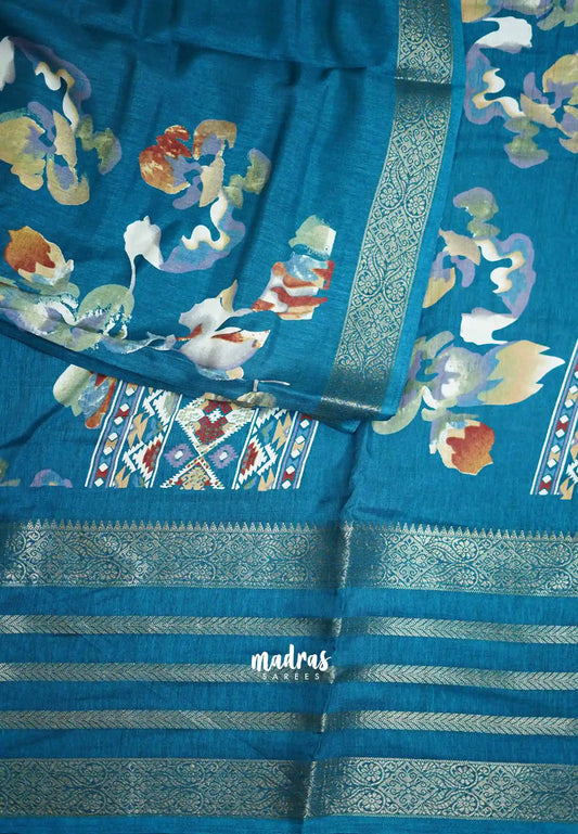 Premium printed silk with retro style border - Peacock blue